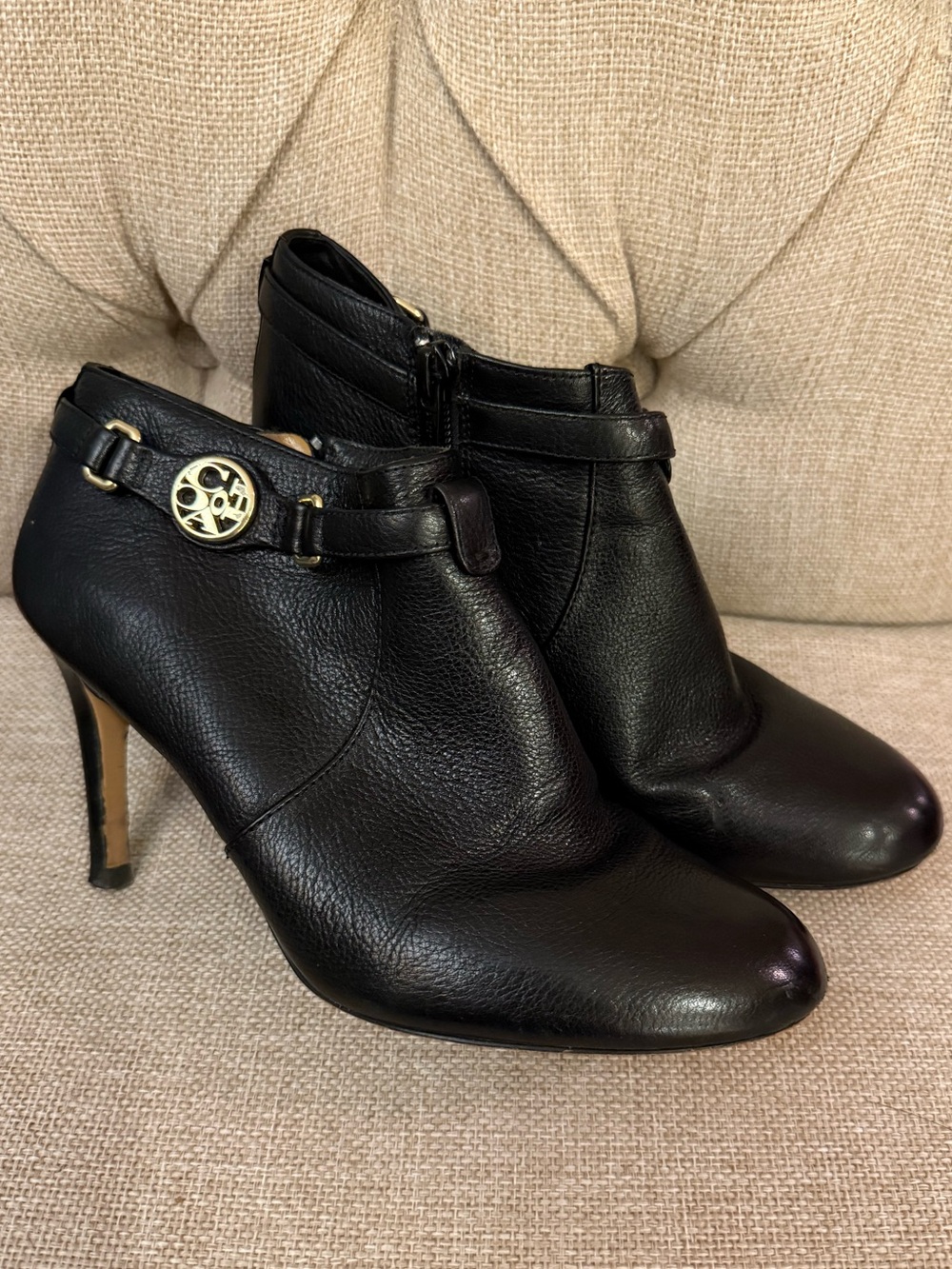 Coach Black Leather Ankle Booties with Gold Logo Accent